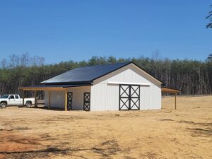 Custom White Barn Black Metal Roof Saunders Construction Stoneville NC